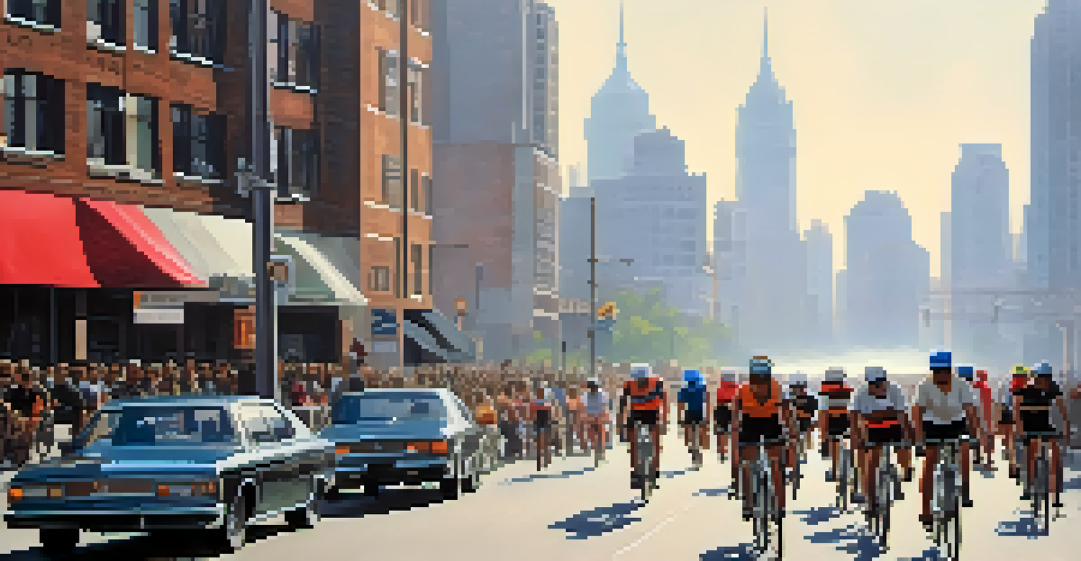A busy urban street with cars and cyclists, showcasing air pollution effects with a hazy skyline.