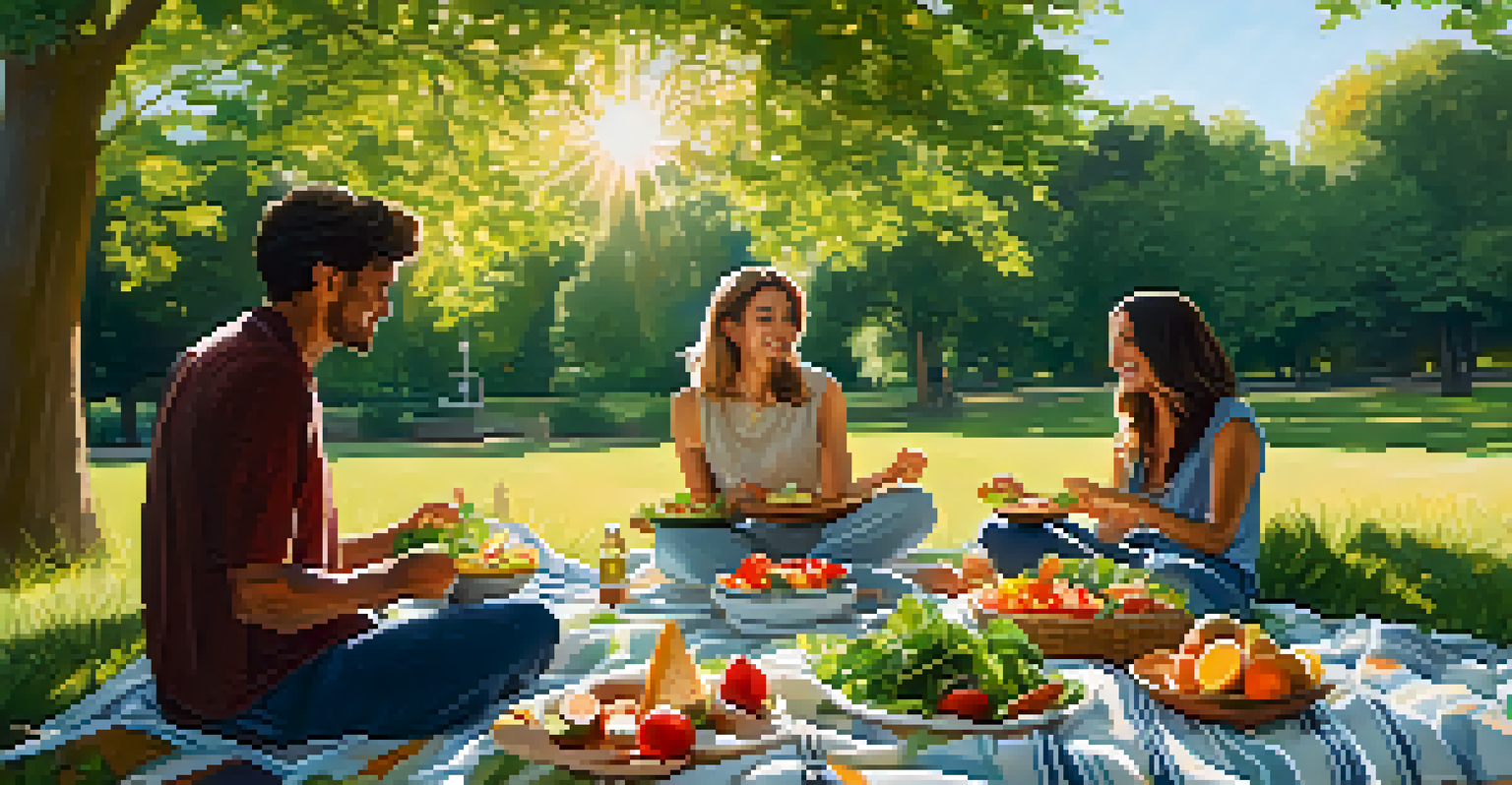 An outdoor picnic scene in a park with a blanket laid out, showcasing various plant-based dishes and a couple enjoying their meal.
