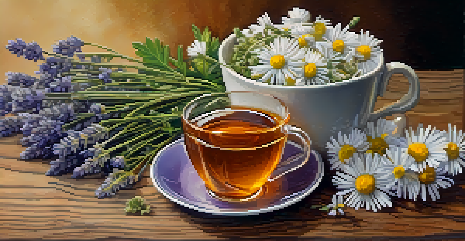 An assortment of herbal remedies including chamomile, valerian root, and lavender next to a cup of tea on a wooden table.
