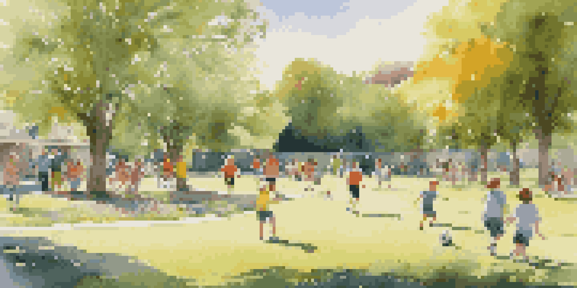 A lively community park with children playing soccer, families having a picnic, and trees in full bloom under a bright sun.