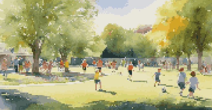 A lively community park with children playing soccer, families having a picnic, and trees in full bloom under a bright sun.
