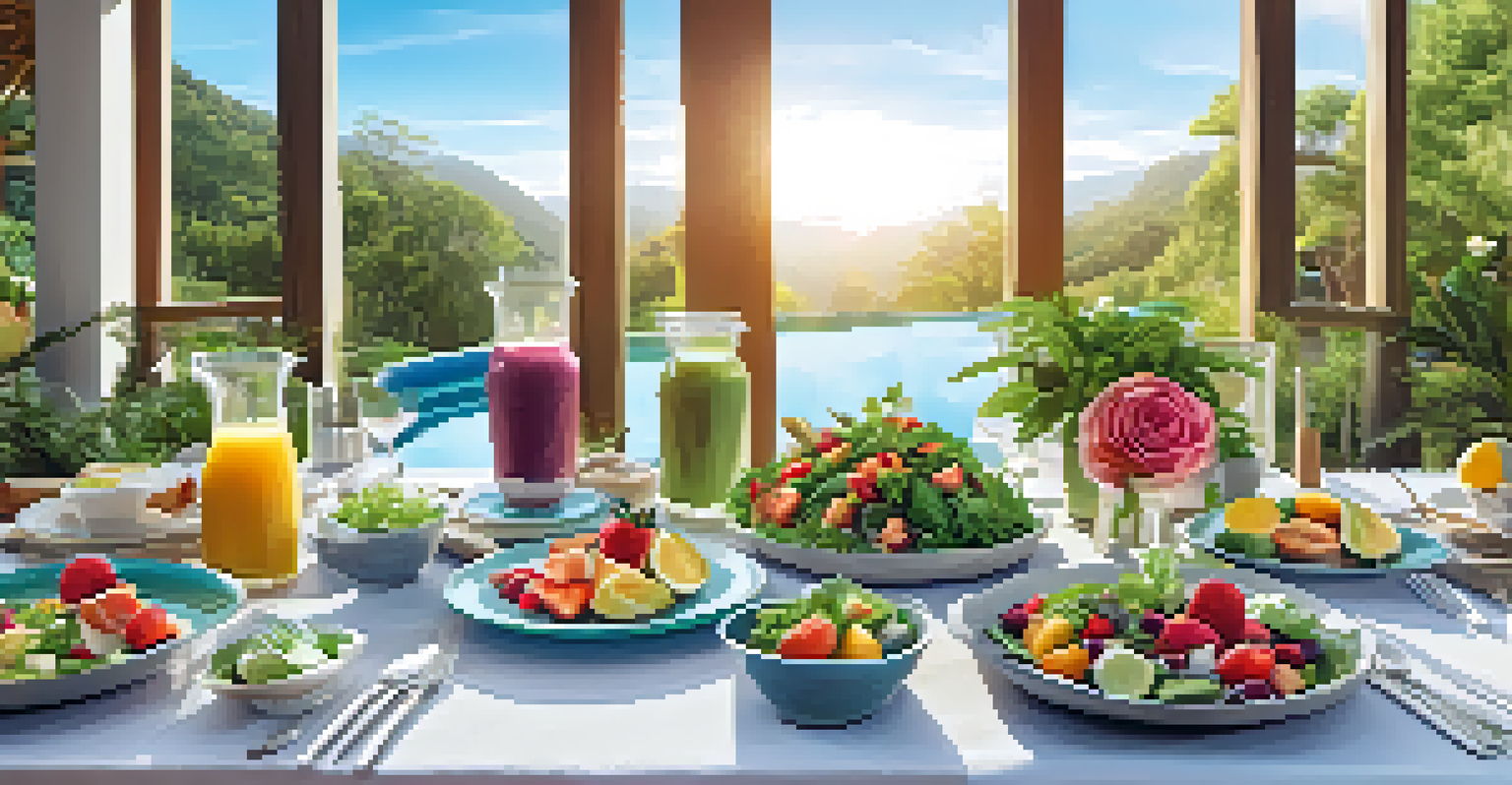 An outdoor table at a detox retreat, beautifully set with colorful plant-based dishes, fresh fruits, and smoothies in jars, surrounded by nature.