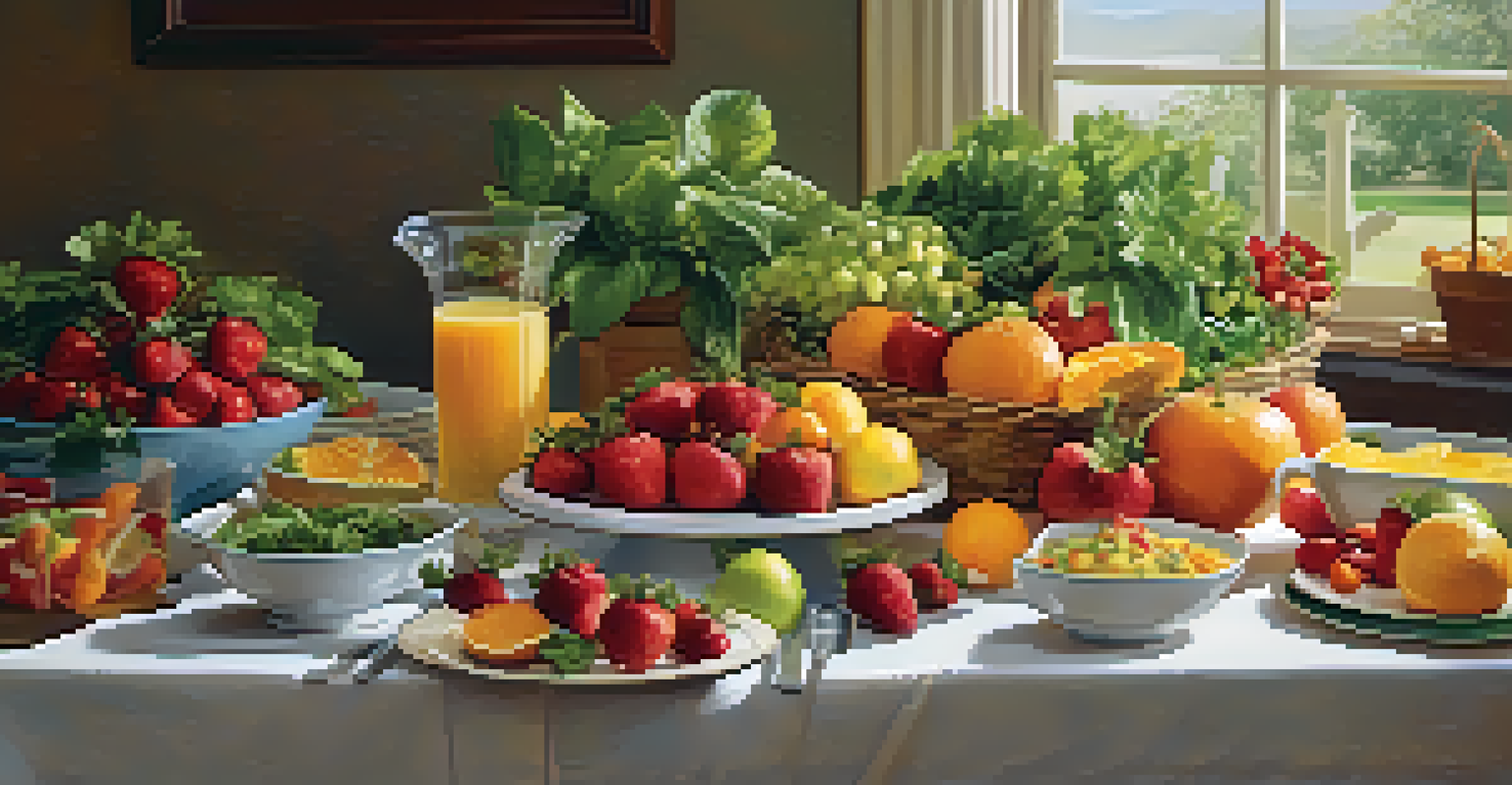 A table set for a family meal with colorful fruits and vegetables, creating an inviting atmosphere.