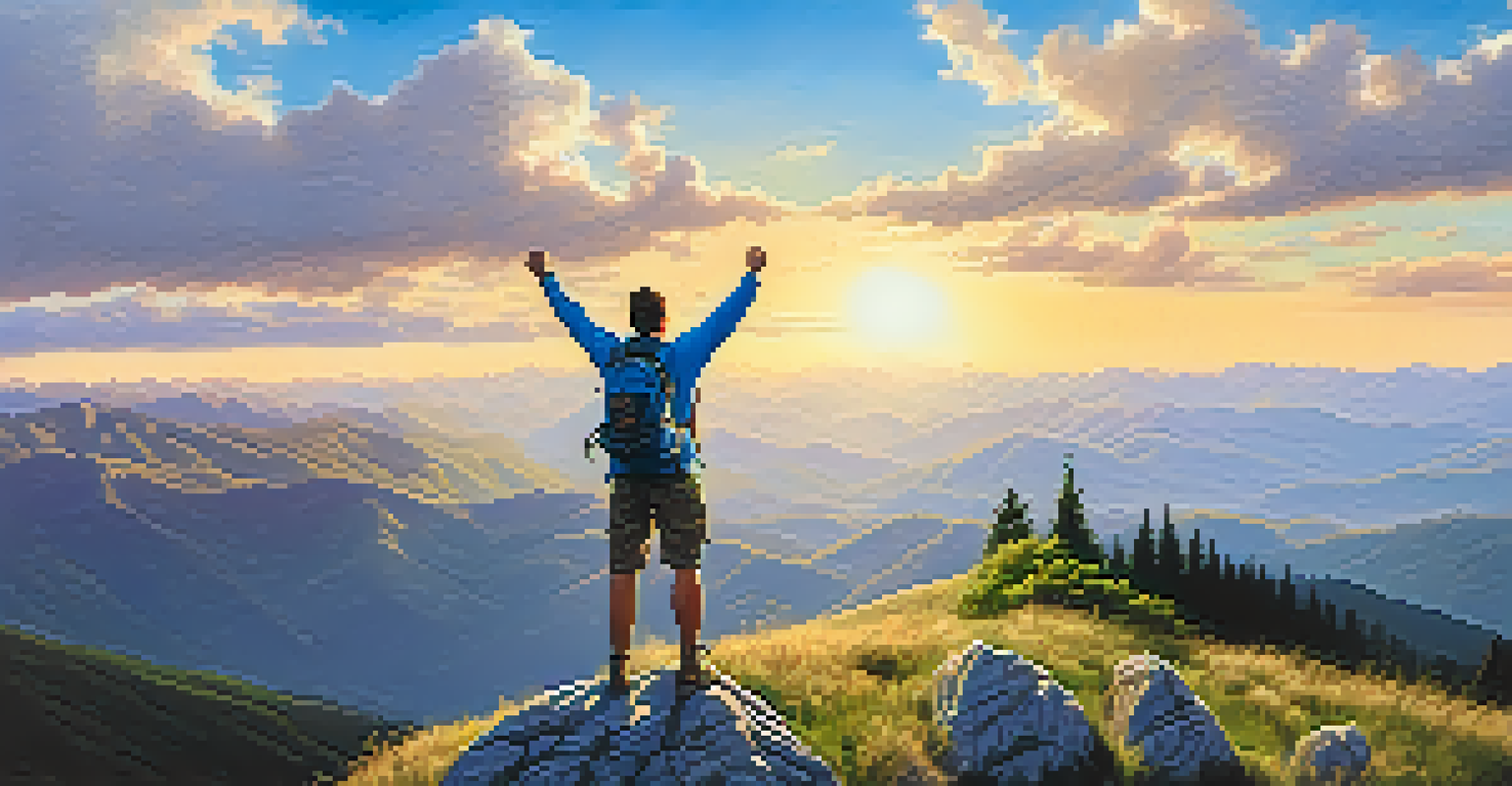 A hiker celebrating on a mountain peak with arms raised, surrounded by green valleys and blue mountains under a bright sky.