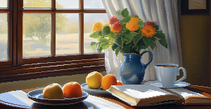 A cozy breakfast table with coffee, fruit, and an open gratitude journal by a window with soft sunlight.