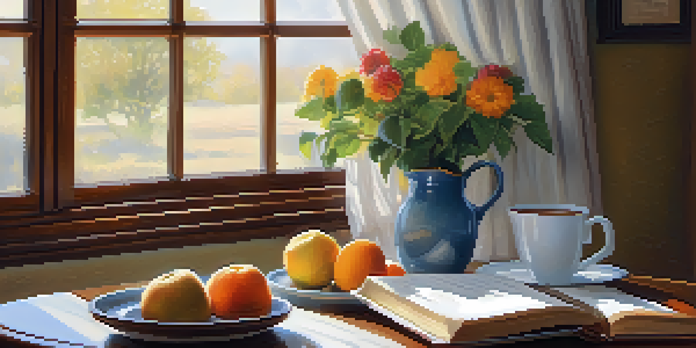 A cozy breakfast table with coffee, fruit, and an open gratitude journal by a window with soft sunlight.