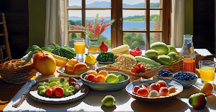 A colorful and nutritious meal displayed on a wooden table, showcasing fruits, vegetables, whole grains, and a glass of water, illuminated by natural sunlight.