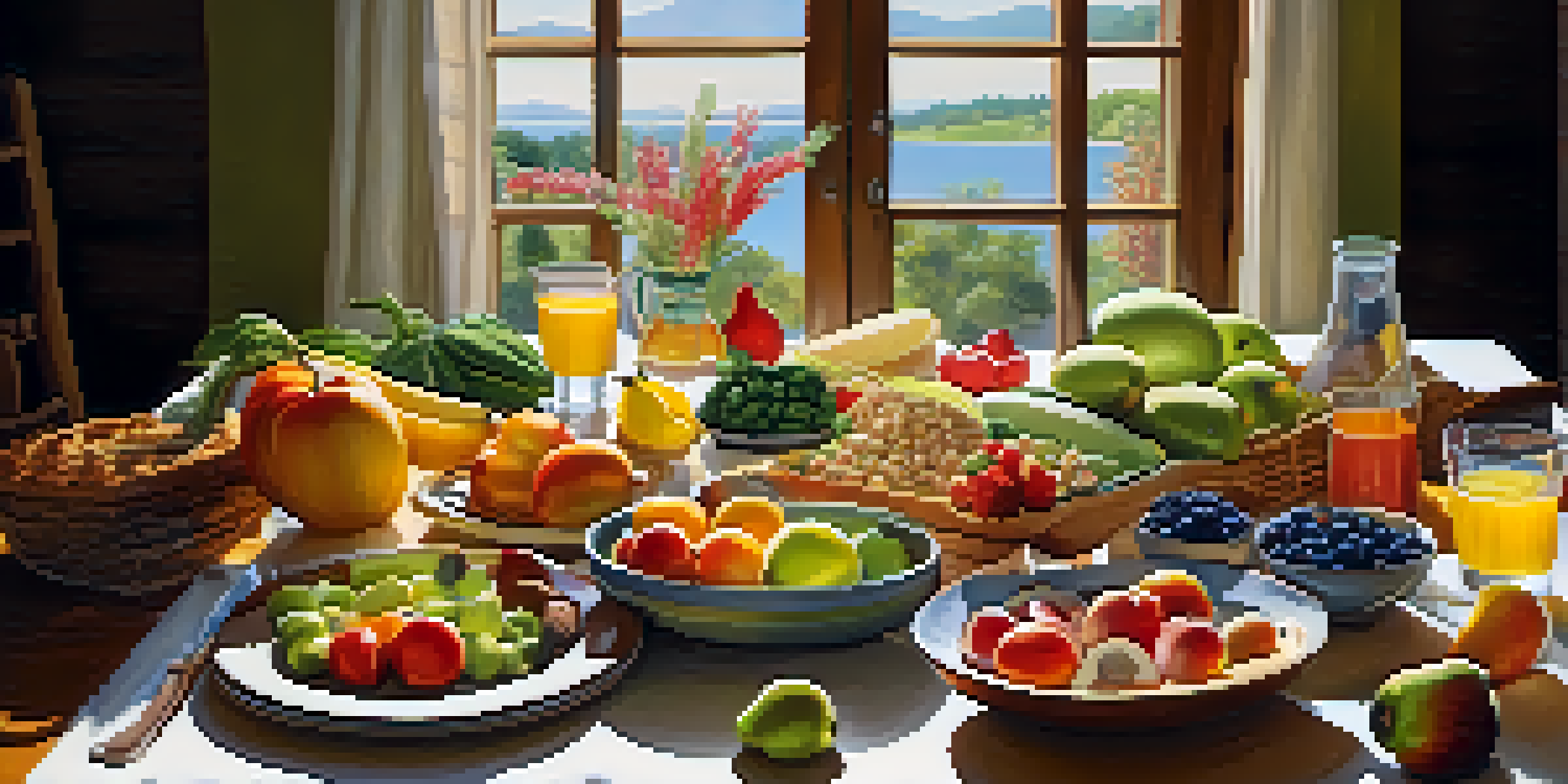 A colorful and nutritious meal displayed on a wooden table, showcasing fruits, vegetables, whole grains, and a glass of water, illuminated by natural sunlight.