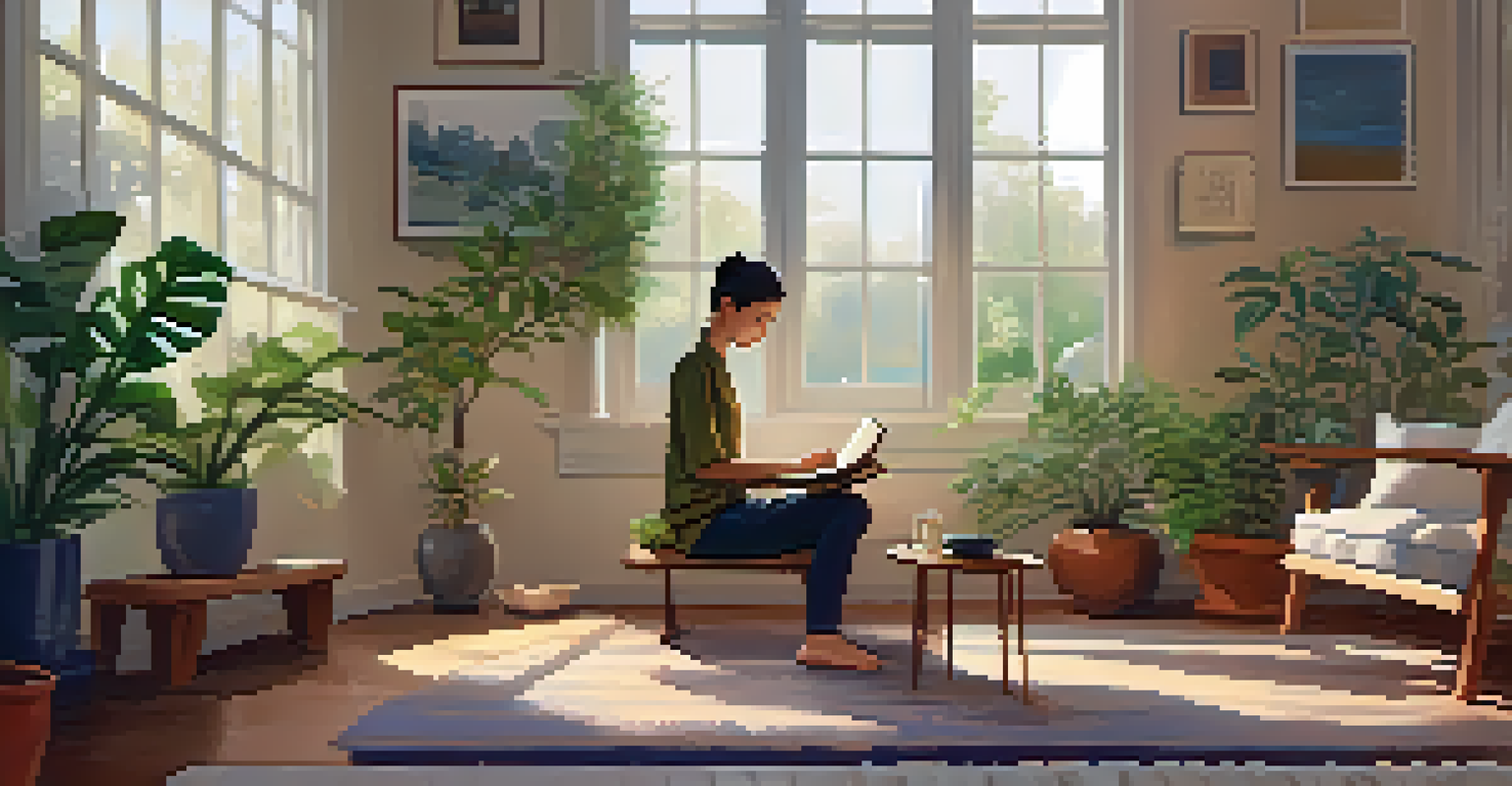 A calm living room with a person meditating, surrounded by plants and a cozy ambiance.