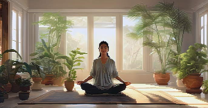 A peaceful indoor meditation space with a person sitting cross-legged on a cushion, surrounded by plants and soft light.