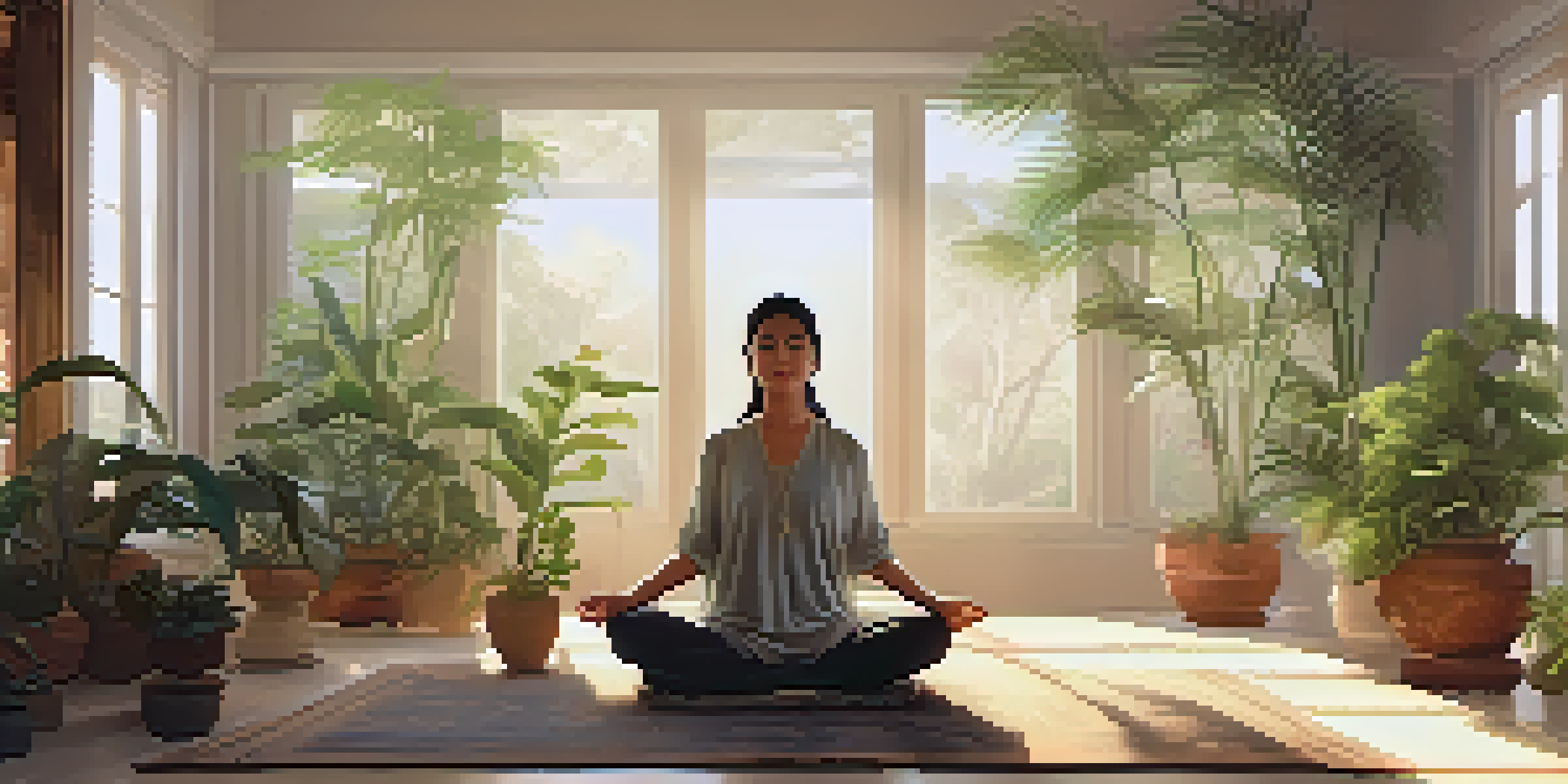 A peaceful indoor meditation space with a person sitting cross-legged on a cushion, surrounded by plants and soft light.