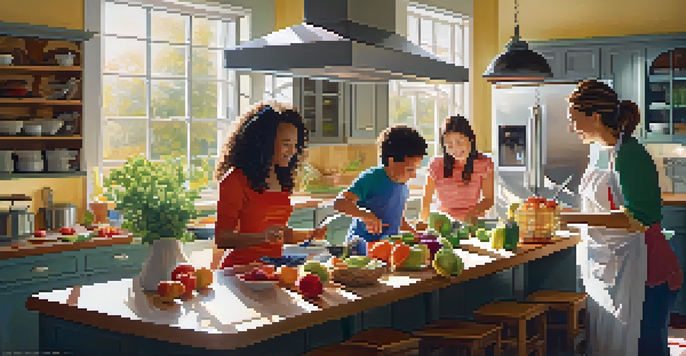 A diverse family cooking together in a bright kitchen filled with fruits and vegetables, promoting teamwork and joy.