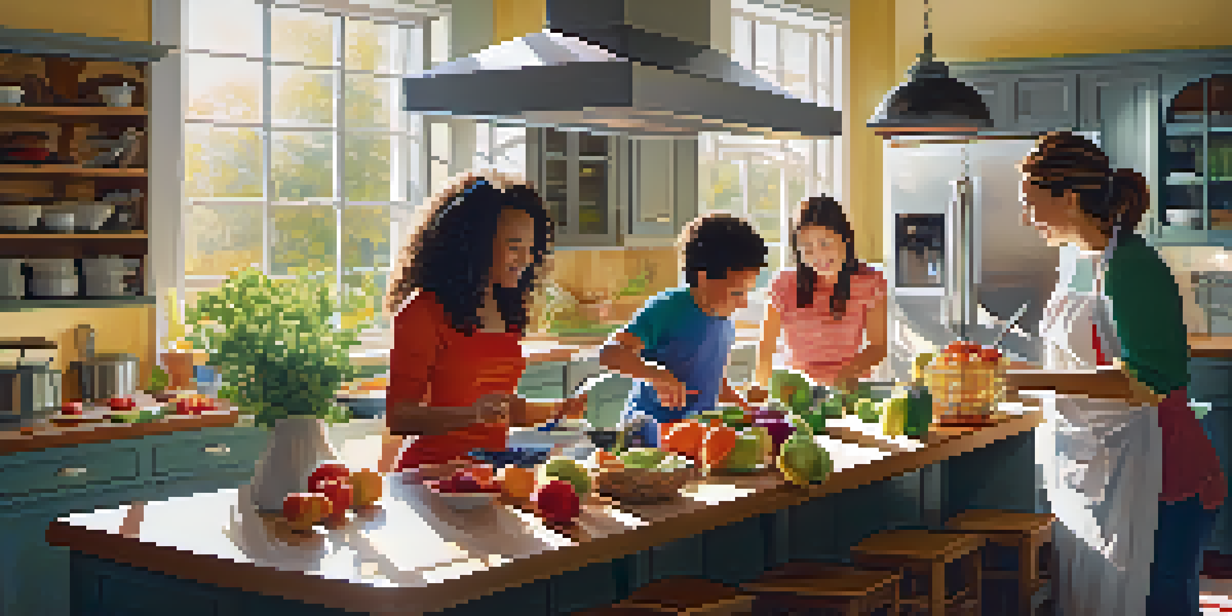 A diverse family cooking together in a bright kitchen filled with fruits and vegetables, promoting teamwork and joy.