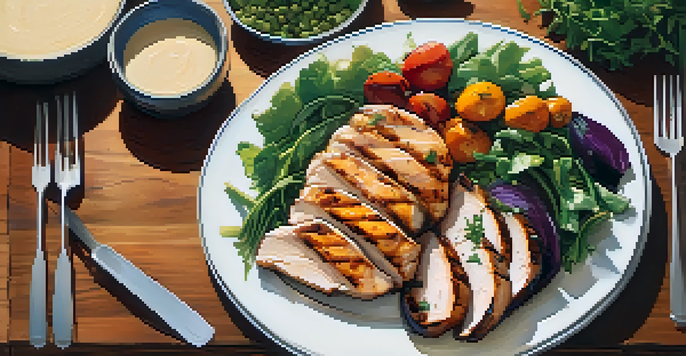 A balanced meal on a wooden table with grilled chicken, roasted vegetables, quinoa, and mixed greens, illuminated by natural sunlight.