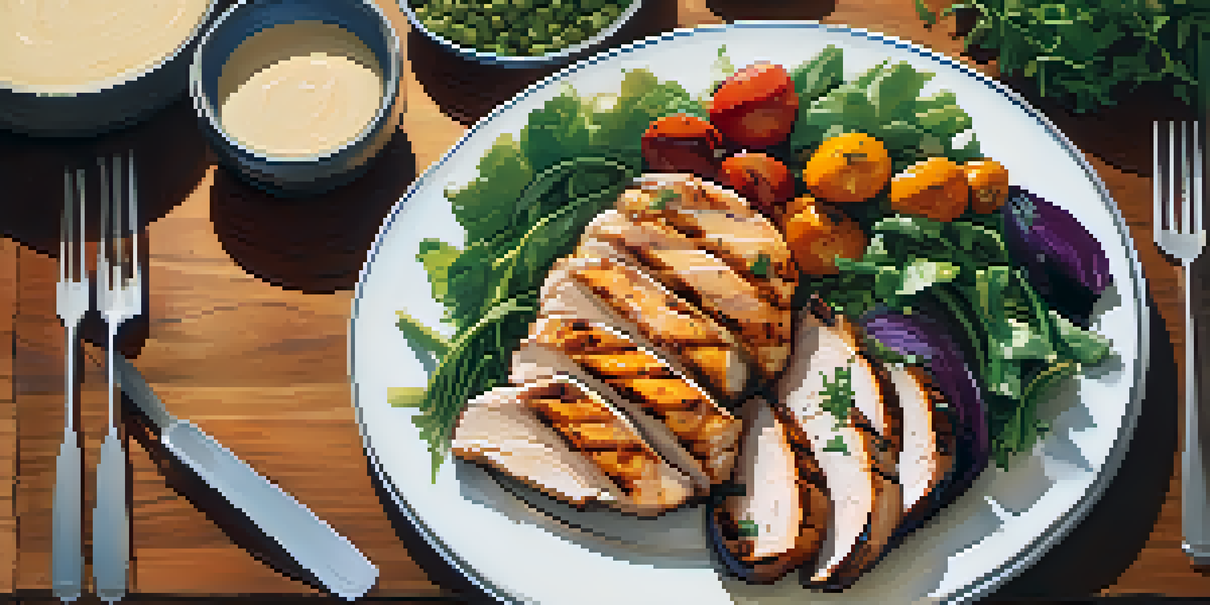 A balanced meal on a wooden table with grilled chicken, roasted vegetables, quinoa, and mixed greens, illuminated by natural sunlight.