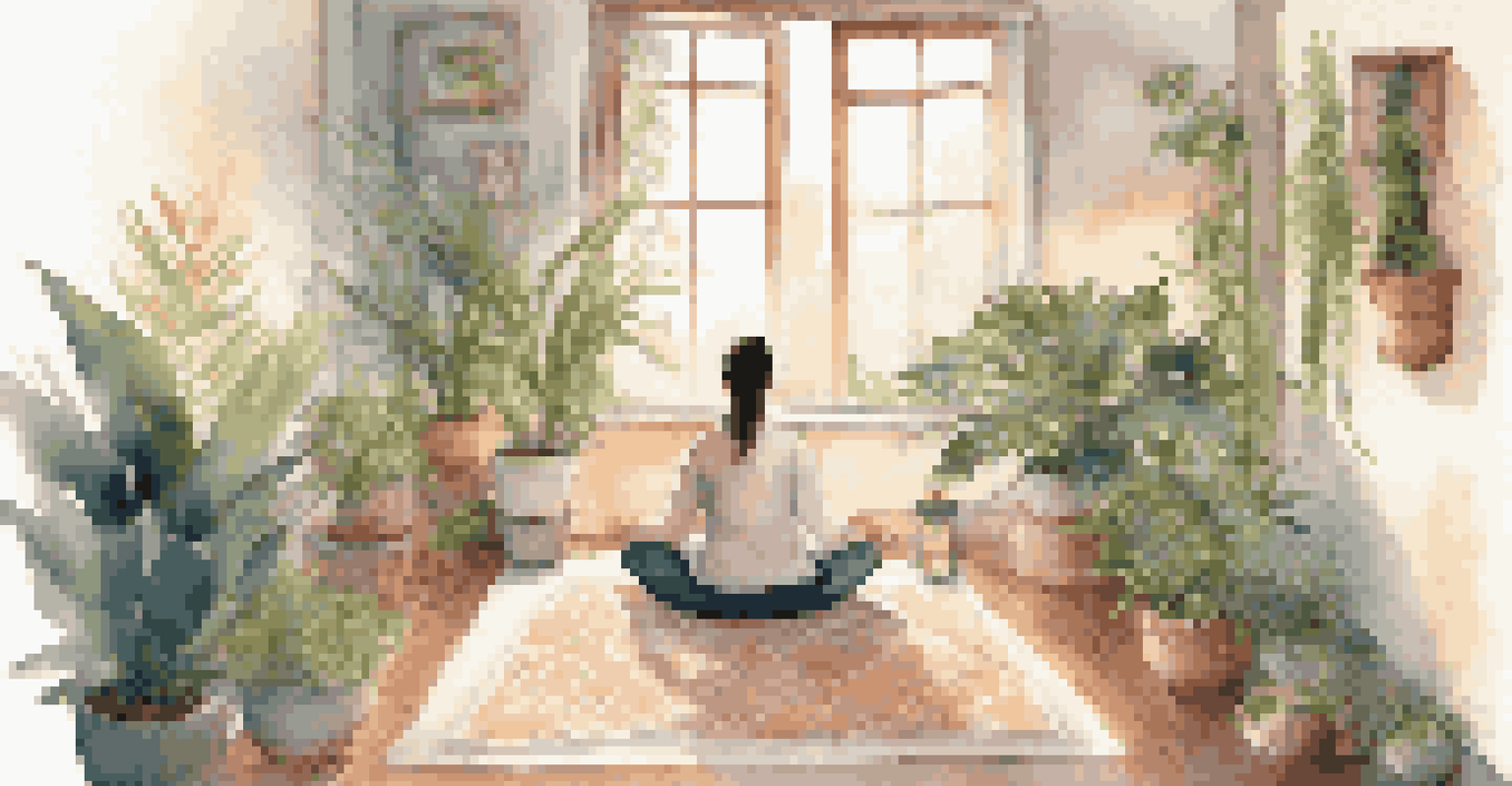 A cozy meditation space with a person meditating on a cushion surrounded by candles and indoor plants.