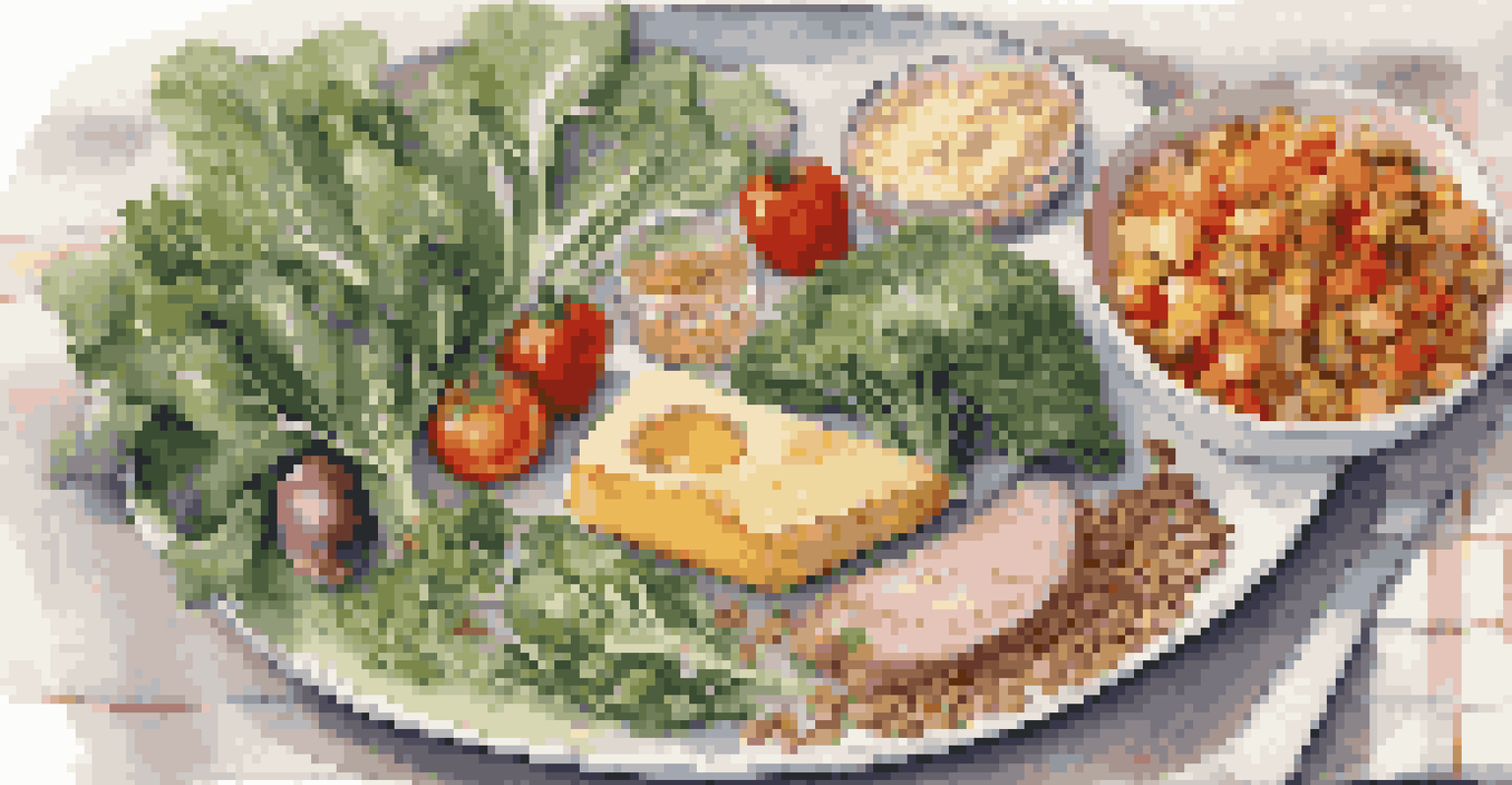 A balanced plate with different nutrition options arranged elegantly on a textured tablecloth.