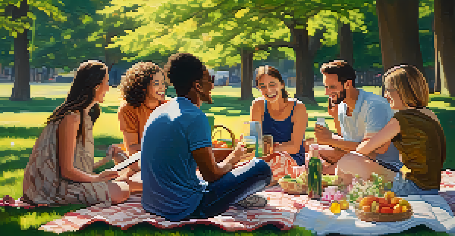 A joyful gathering of friends having a picnic in a park, showcasing connection and support during life changes.