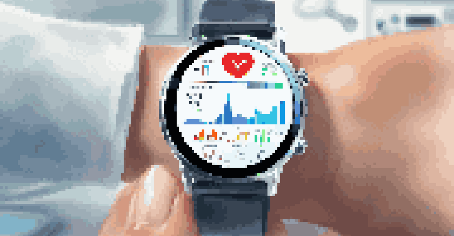 A close-up of a smartwatch displaying health metrics like heart rate and activity levels in a hospital room setting.