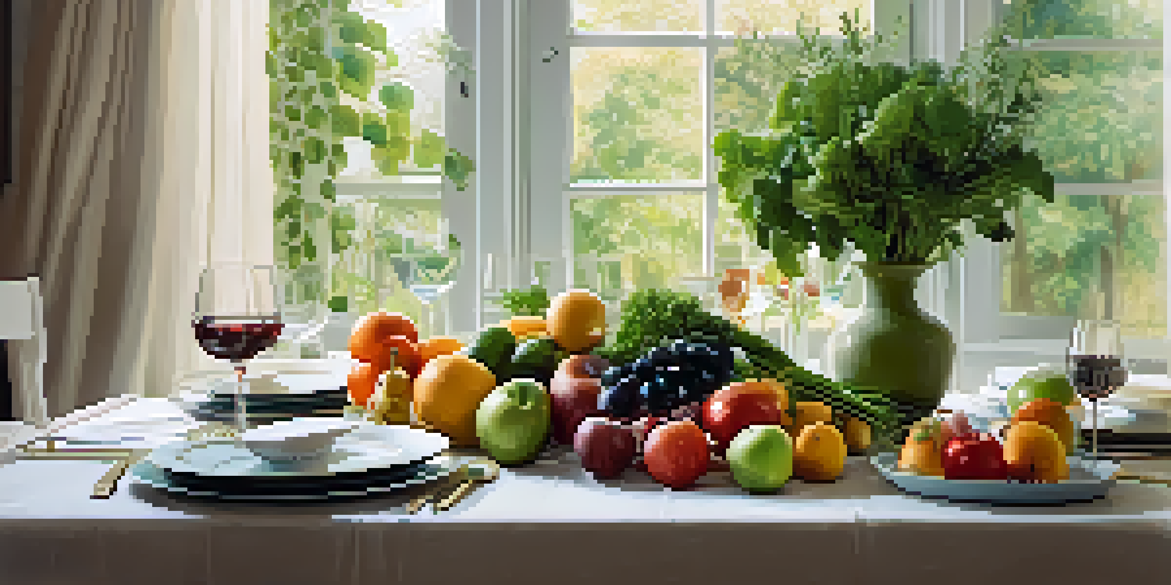 A peaceful dining table with fresh fruits and vegetables, bathed in natural light, surrounded by greenery.
