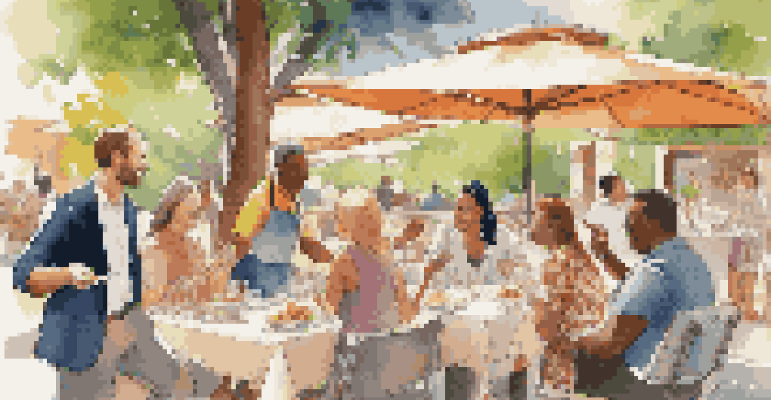 A group of diners at a restaurant discussing food allergies with a waiter in a sunny outdoor setting.