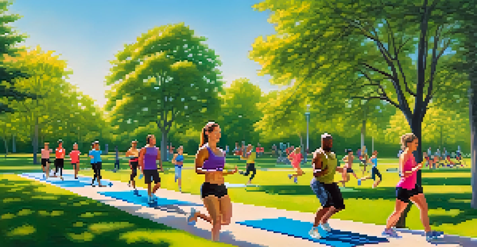 A diverse group of individuals exercising in a park, showcasing different fitness activities like jogging and yoga under a bright blue sky.
