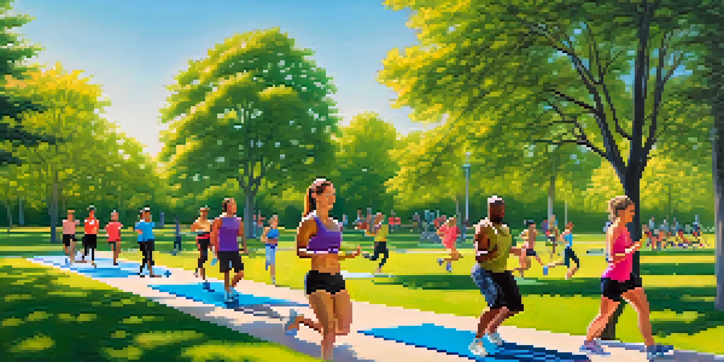 A diverse group of individuals exercising in a park, showcasing different fitness activities like jogging and yoga under a bright blue sky.