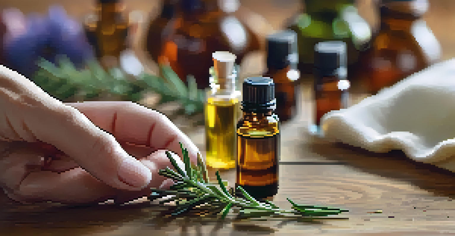 Close-up of hands mixing essential oils in a small glass bottle, with various oil bottles on a wooden table.