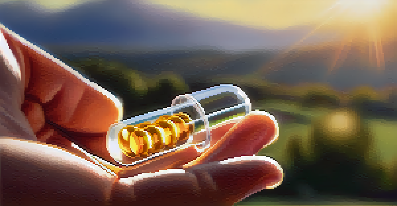 A close-up of a hand holding a vitamin D capsule against a sunlit outdoor background, symbolizing health.