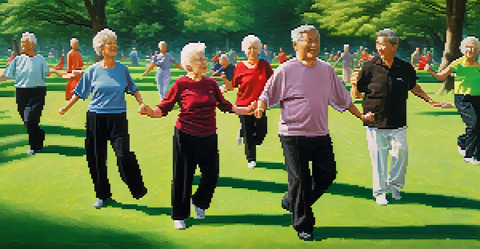 Seniors practicing balance exercises in a park, promoting health and stability through active living.