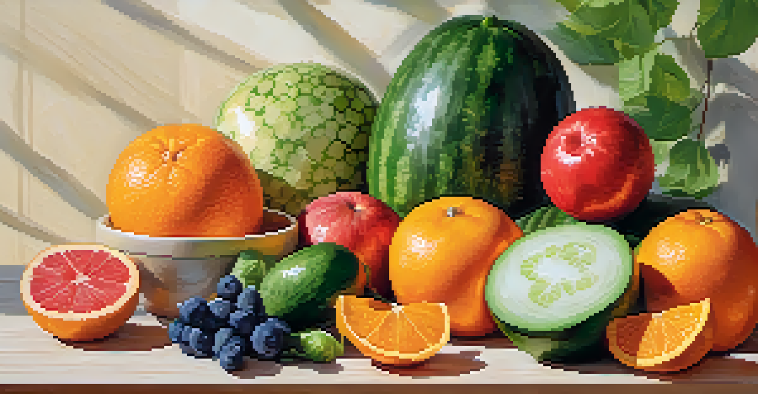 A colorful display of fruits and vegetables like cucumbers, watermelon, and oranges on a wooden cutting board, showcasing their hydration benefits.
