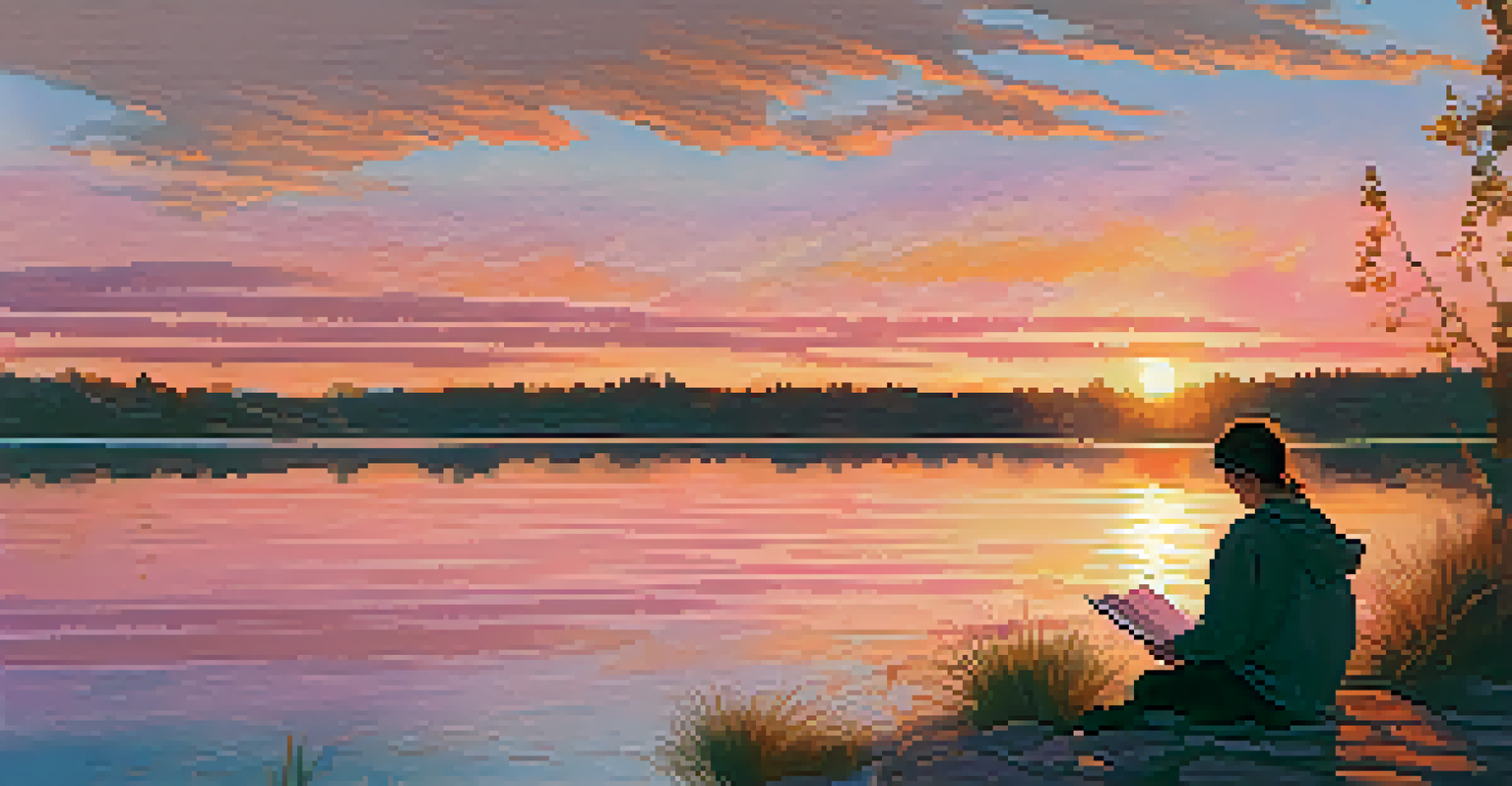 A person journaling by a lakeside during sunset, surrounded by vibrant colors in the sky and calm water.