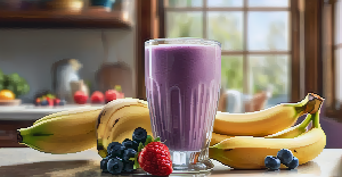 A glass being filled with a protein shake, surrounded by fresh fruits in a bright kitchen.
