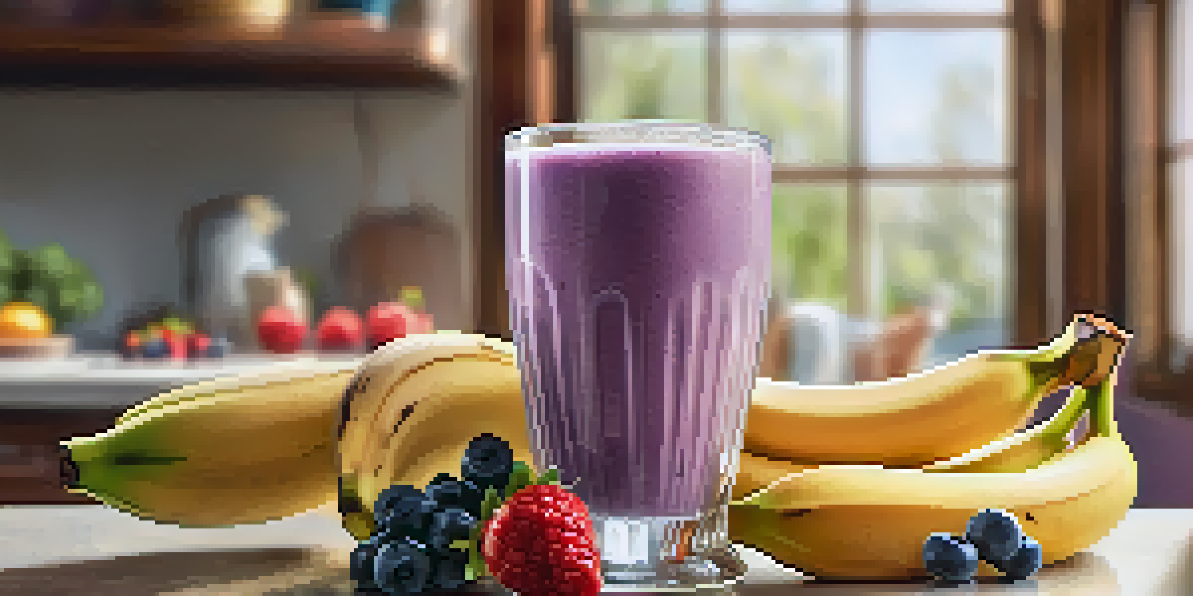 A glass being filled with a protein shake, surrounded by fresh fruits in a bright kitchen.