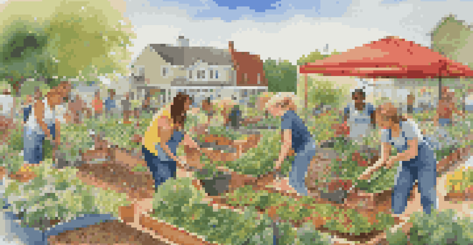 People working together in a vibrant community garden, planting and harvesting vegetables.