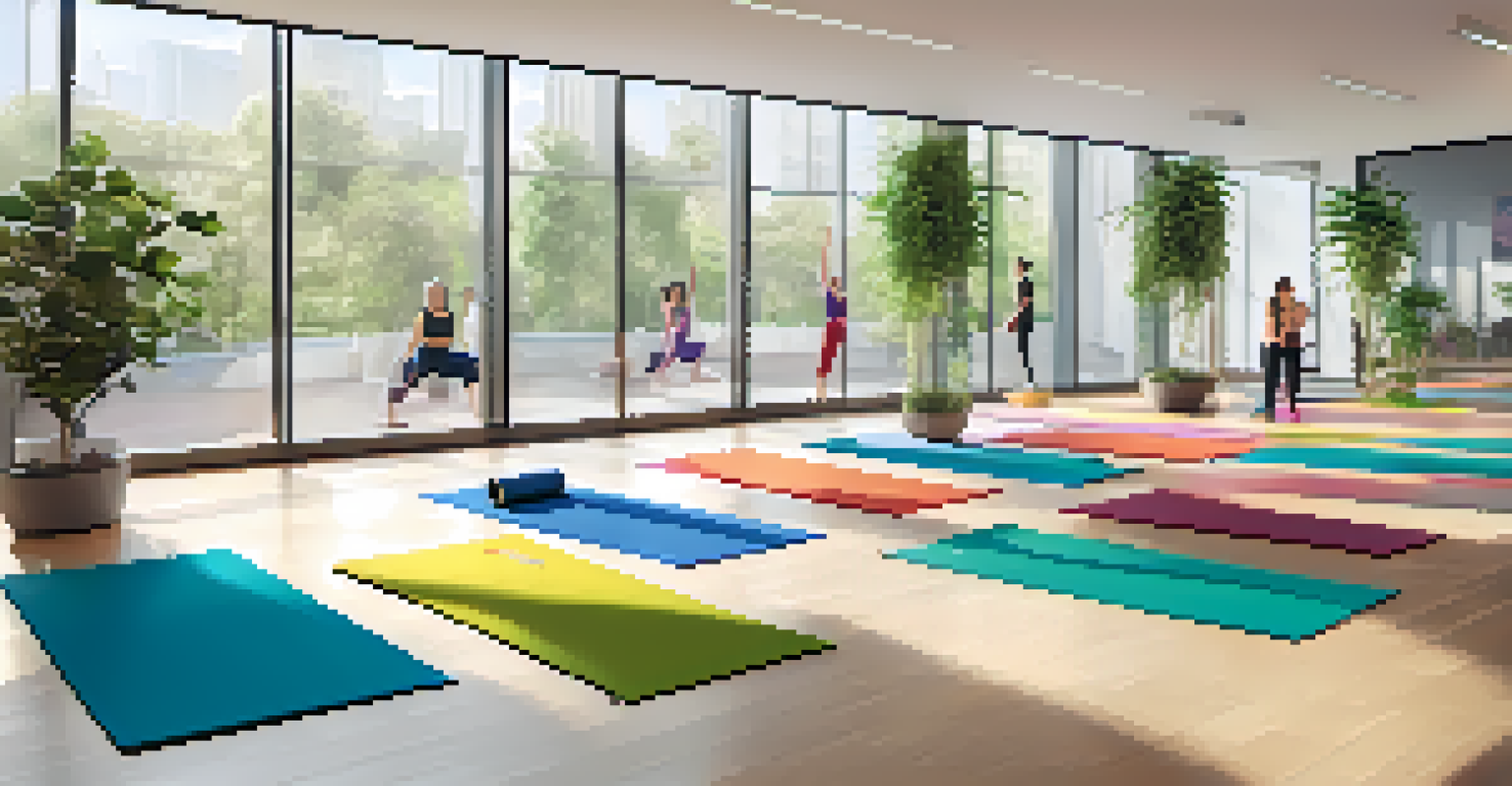 A bright office space with employees practicing yoga on colorful mats, sunlight streaming in through large windows.