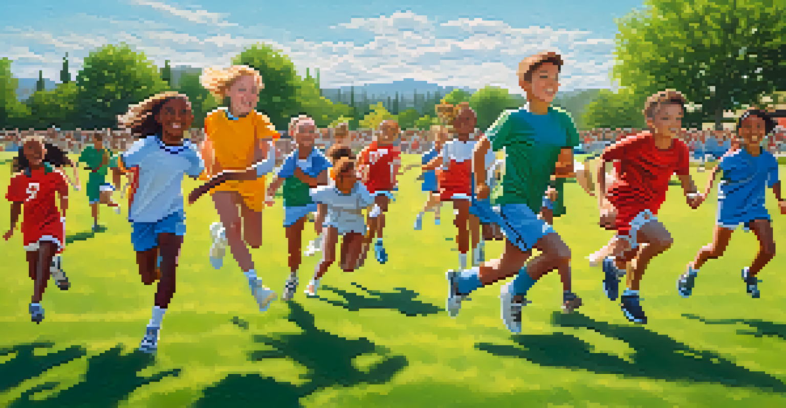 A diverse group of young athletes playing a team sport in a sunny park, showcasing teamwork and excitement.