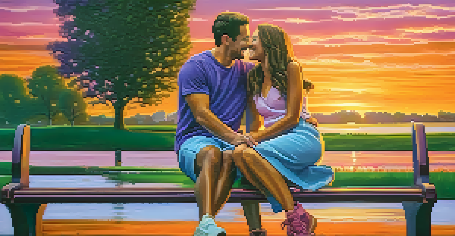 A couple sharing a laugh on a park bench during a vibrant sunset.