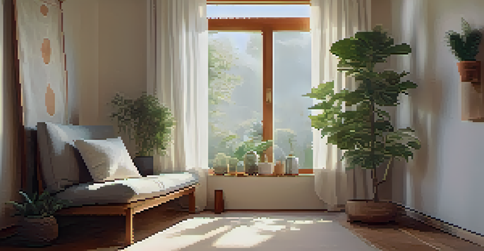 A peaceful meditation space with a person sitting cross-legged on a cushion, surrounded by natural light and indoor plants.