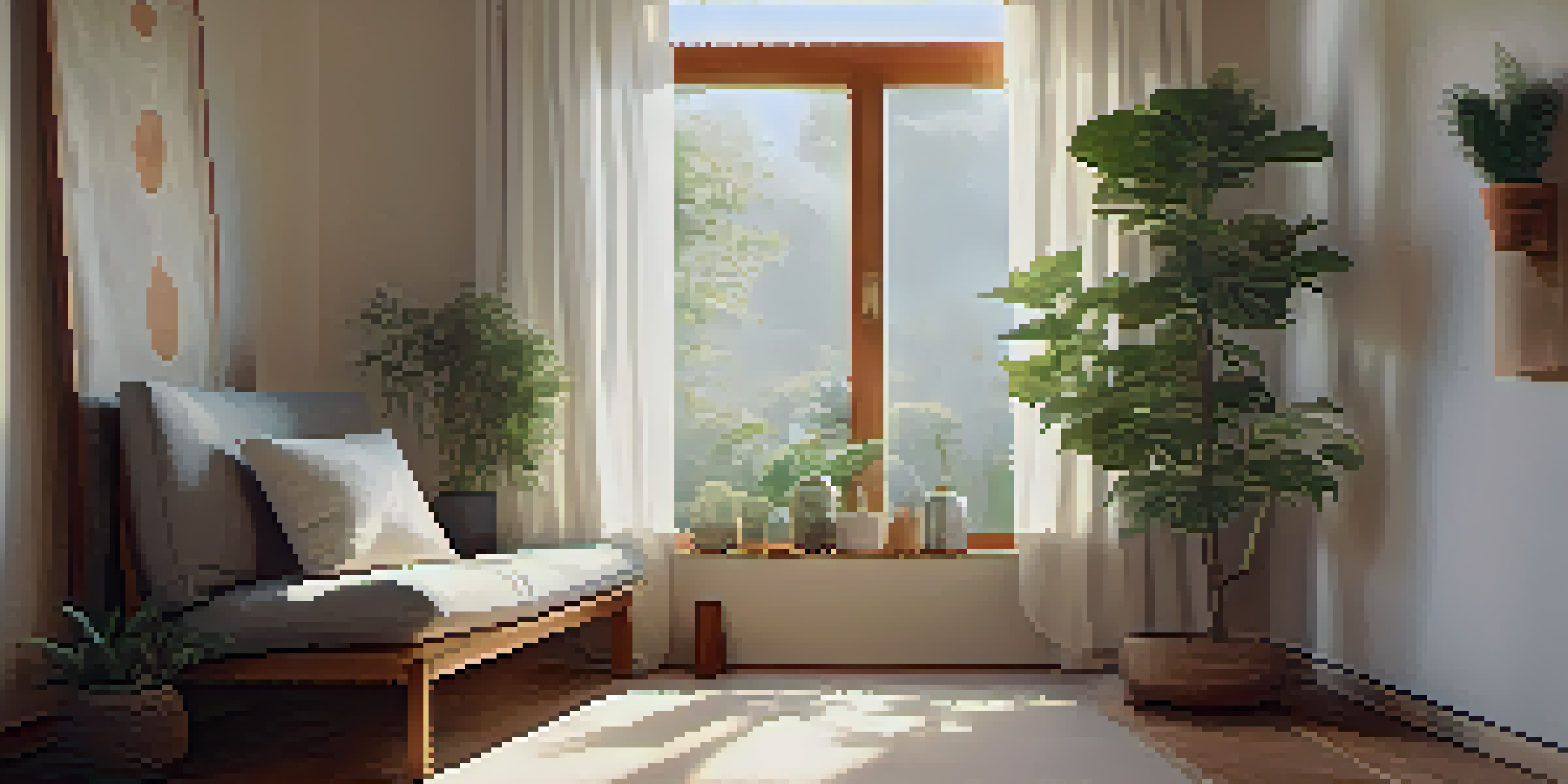 A peaceful meditation space with a person sitting cross-legged on a cushion, surrounded by natural light and indoor plants.