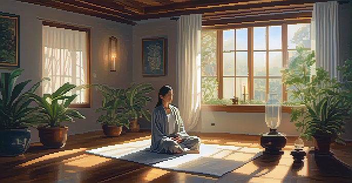 A peaceful meditation scene with a person cross-legged on a mat in a sunlit room filled with plants and candles.