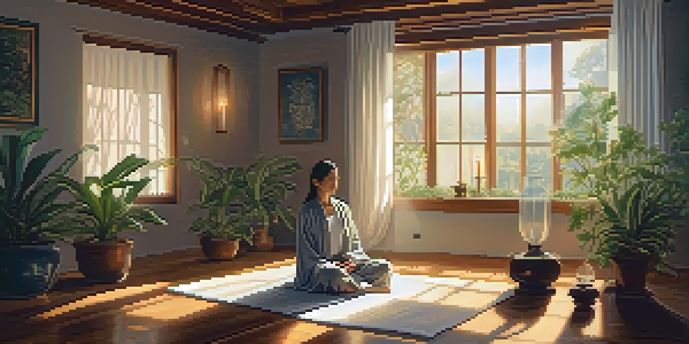A peaceful meditation scene with a person cross-legged on a mat in a sunlit room filled with plants and candles.