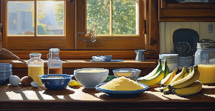 A bright kitchen with various egg substitutes like mashed bananas and applesauce displayed on a countertop, illuminated by sunlight.