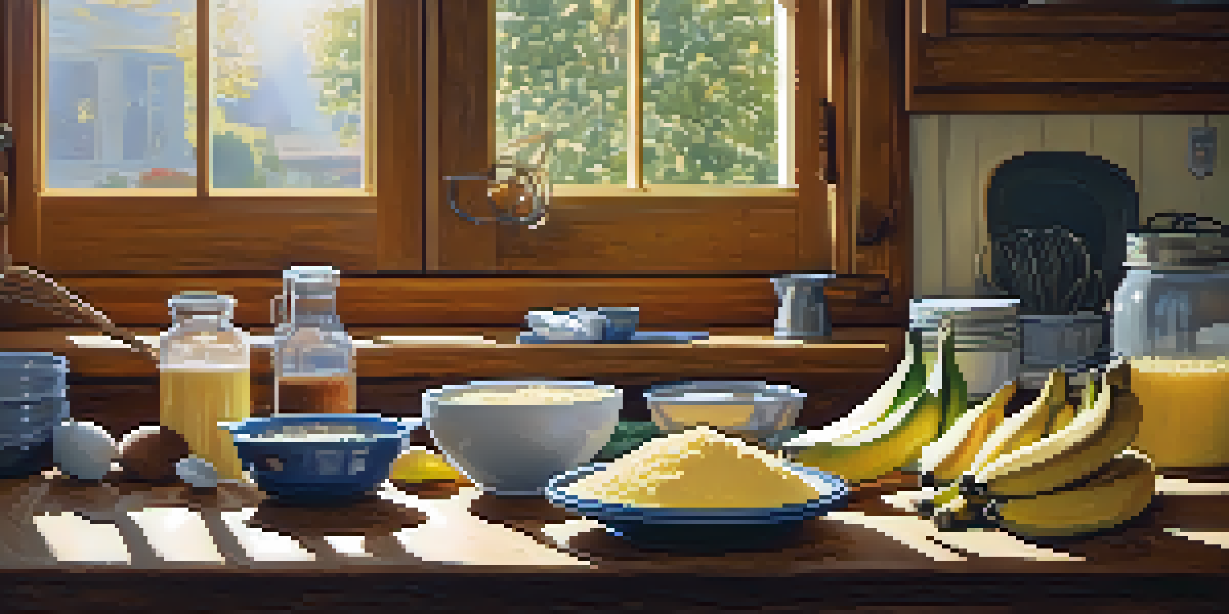 A bright kitchen with various egg substitutes like mashed bananas and applesauce displayed on a countertop, illuminated by sunlight.