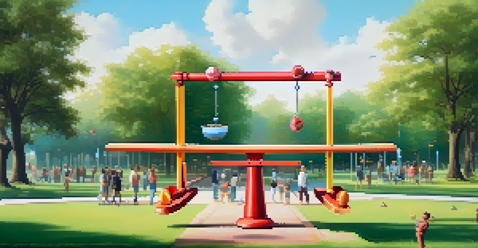 A balanced seesaw with vaccination and screening symbols, set in a park-like background with warm colors symbolizing health and wellness.