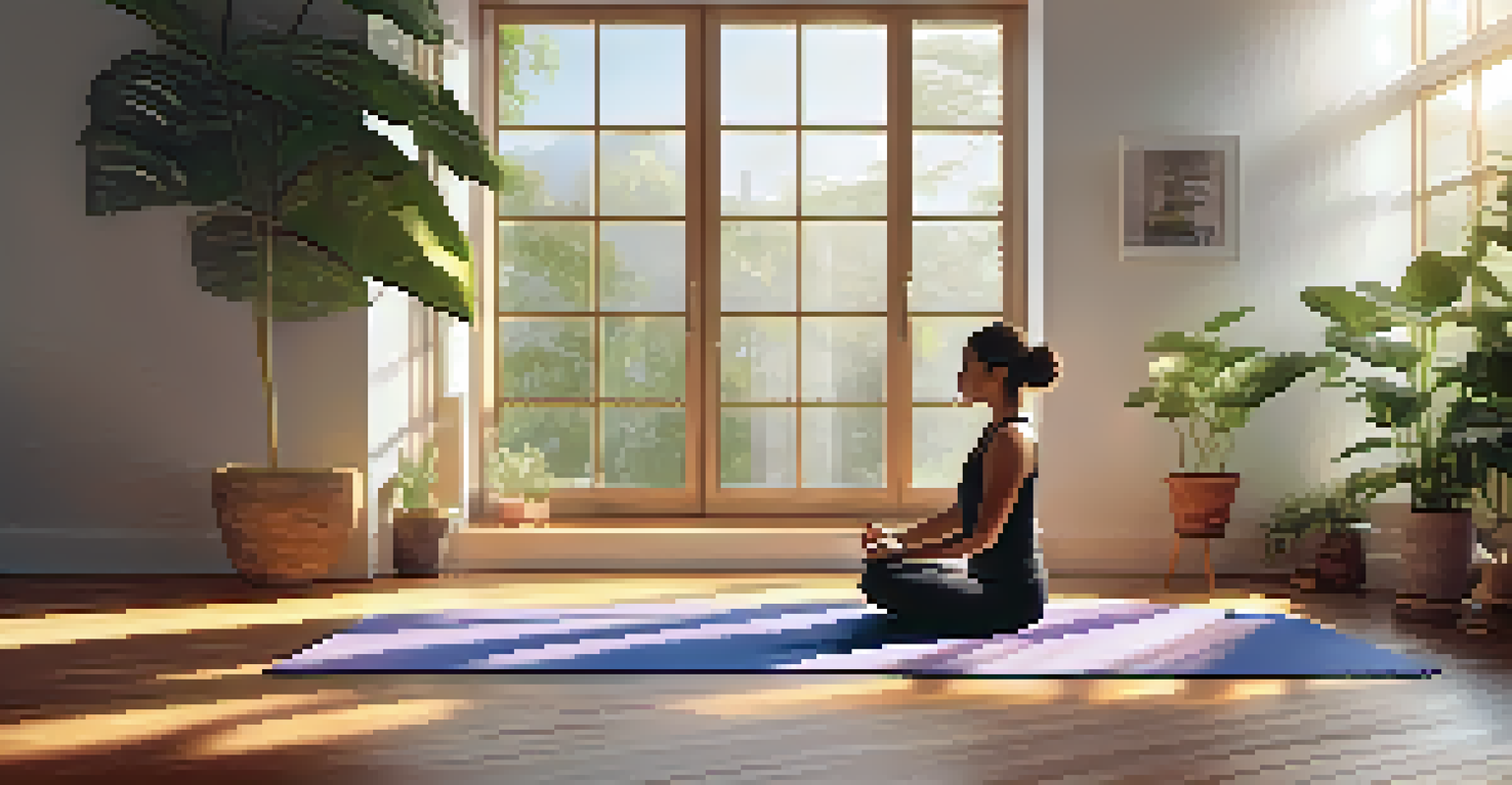 A serene yoga space featuring a person meditating on a mat, surrounded by greenery and soft sunlight, promoting relaxation.