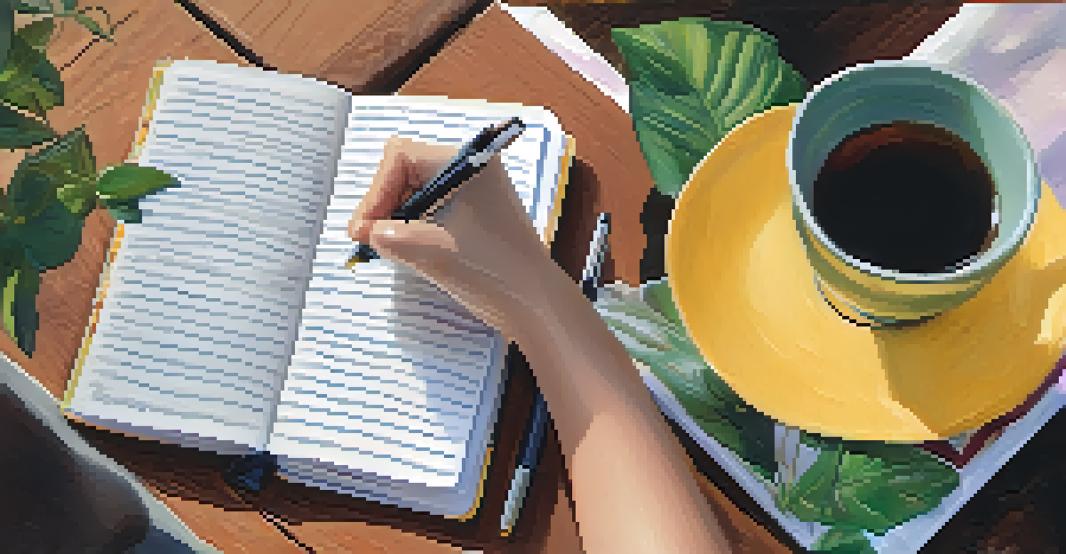 A hand writing in a journal with goals and affirmations, surrounded by a peaceful outdoor backdrop.