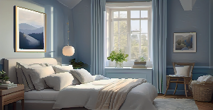 A peaceful bedroom setting designed for relaxation, with a cozy bed, soft lighting, and calming decor.