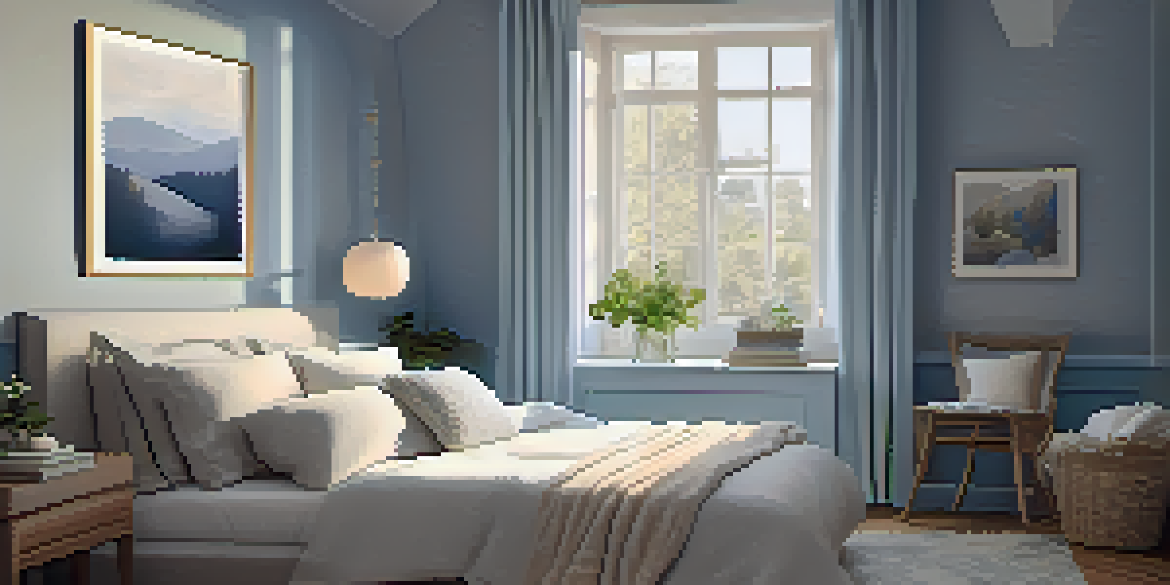 A peaceful bedroom setting designed for relaxation, with a cozy bed, soft lighting, and calming decor.