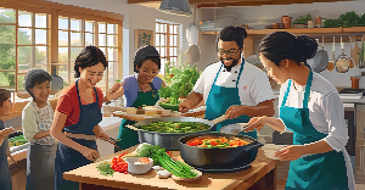 Participants in a cooking workshop collaborating to prepare a stir-fry, surrounded by colorful ingredients and a warm kitchen atmosphere.